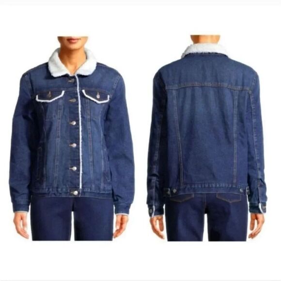 Time & Tru Sherpa Lined Trucker Denim in Medium Dark Wash Jacket Size Med 8/10 - Picture 11 of 12